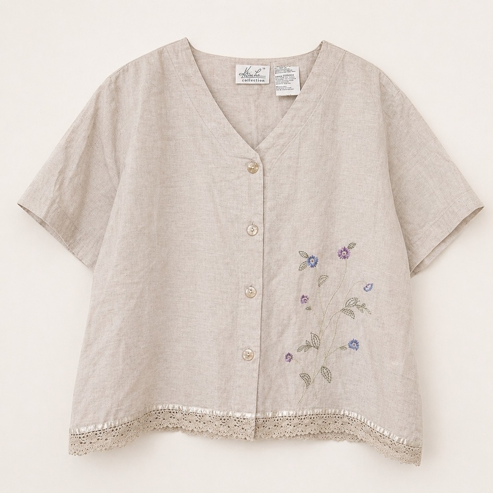 VTG Kathie Lee Blouse Size L Beige Linen Rayon Embroidery Cottagecore Modest